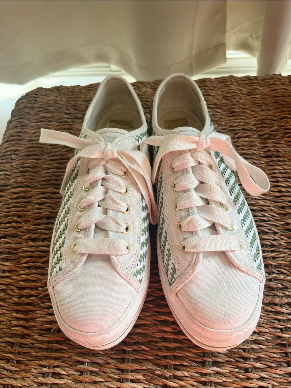 kate spade x Keds White and Green Woven Platform Sneakers